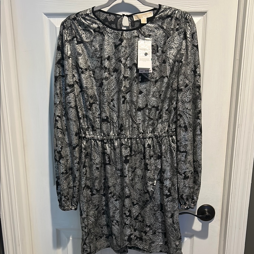NWT MICHAEL KORS Black and silver Patterned Dress size L